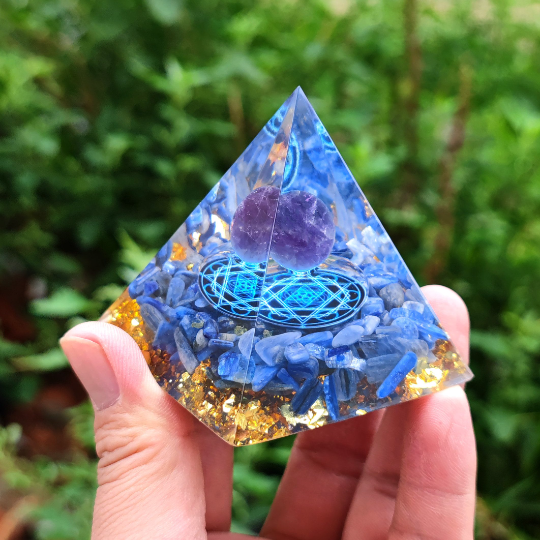 Amethyst Orgone Pyramid-Blue Kyanite Orgonite Pyramid