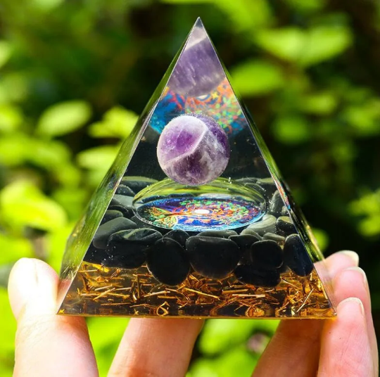 Tree of Life Orone Pyramid-Amethyst Sphere Orgonite Pyramid-Natural Obsidian Stone Pyramid