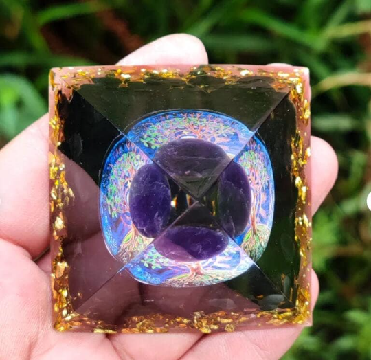 Tree of Life Orone Pyramid-Amethyst Sphere Orgonite Pyramid-Natural Obsidian Stone Pyramid