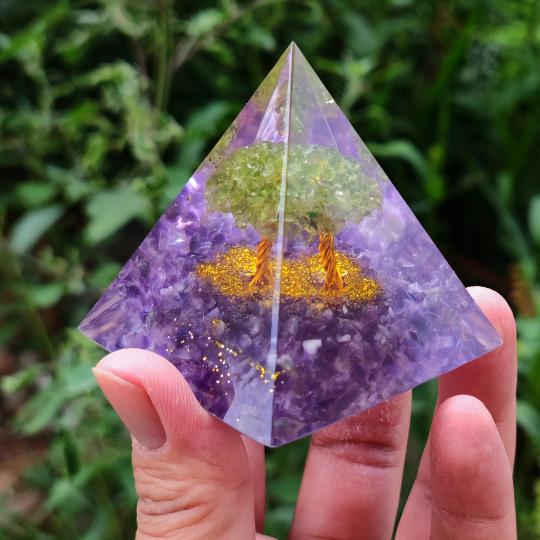 Tree of Life Peridot Orgone Pyramid-Amethyst Meditation Pyramid