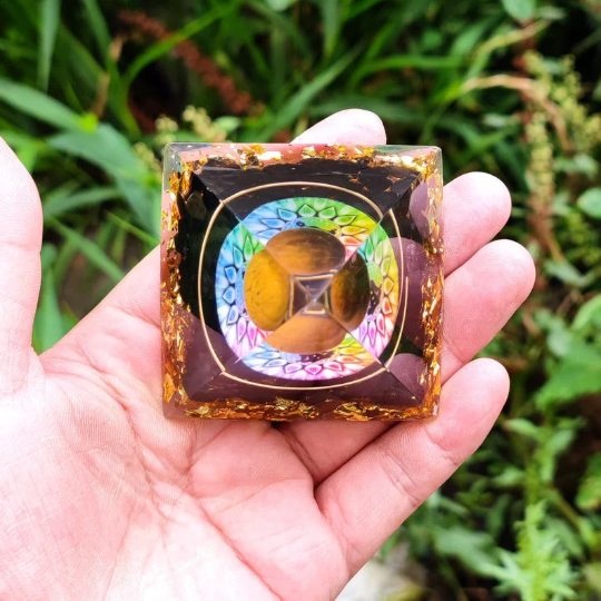 Tiger Eye Reiki Meditation Orgonite Pyramid-Home Office Decor Obsidian Orgone Pyramid