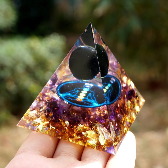 Obsidian Crystal Sphere Orgone Pyramid-Natural Amethyst Orgonite Pyramid