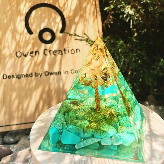 White Crystal Tree of Life Pyramid- Meditaiton Turquoise Orgone Pyramid