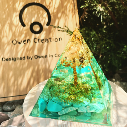 White Crystal Tree of Life Pyramid- Meditaiton Turquoise Orgone Pyramid