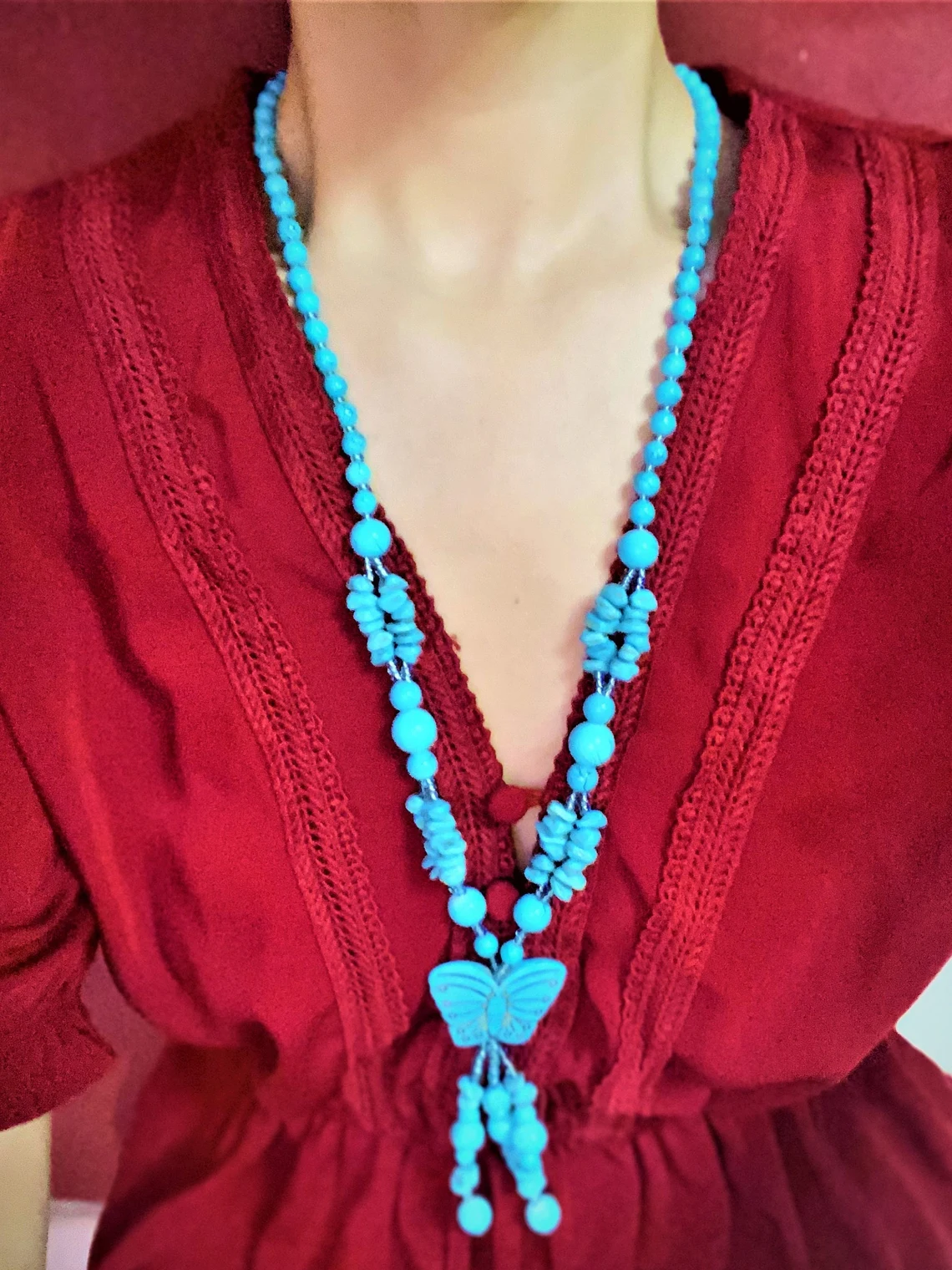 Long Turquoise Beaded Necklace, Butterfly Necklace, Beautiful Necklace For Women