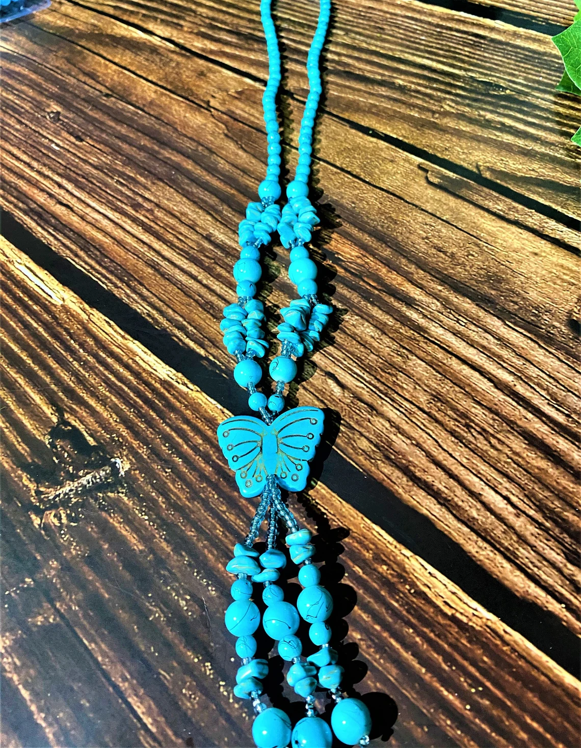 Long Turquoise Beaded Necklace, Butterfly Necklace, Beautiful Necklace For Women