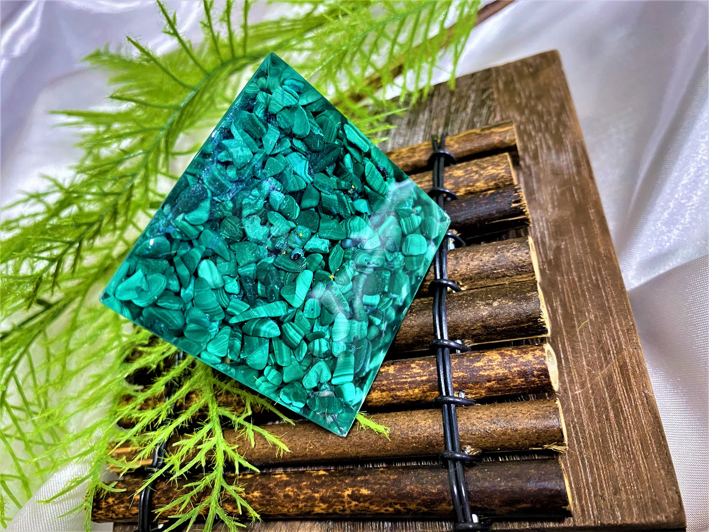Malachite Orgone Pyramid- Tree of Life- Reiki Healing- Natural Crystal Meditation Stone- Energy Generator- EMF Protection- Home Decor