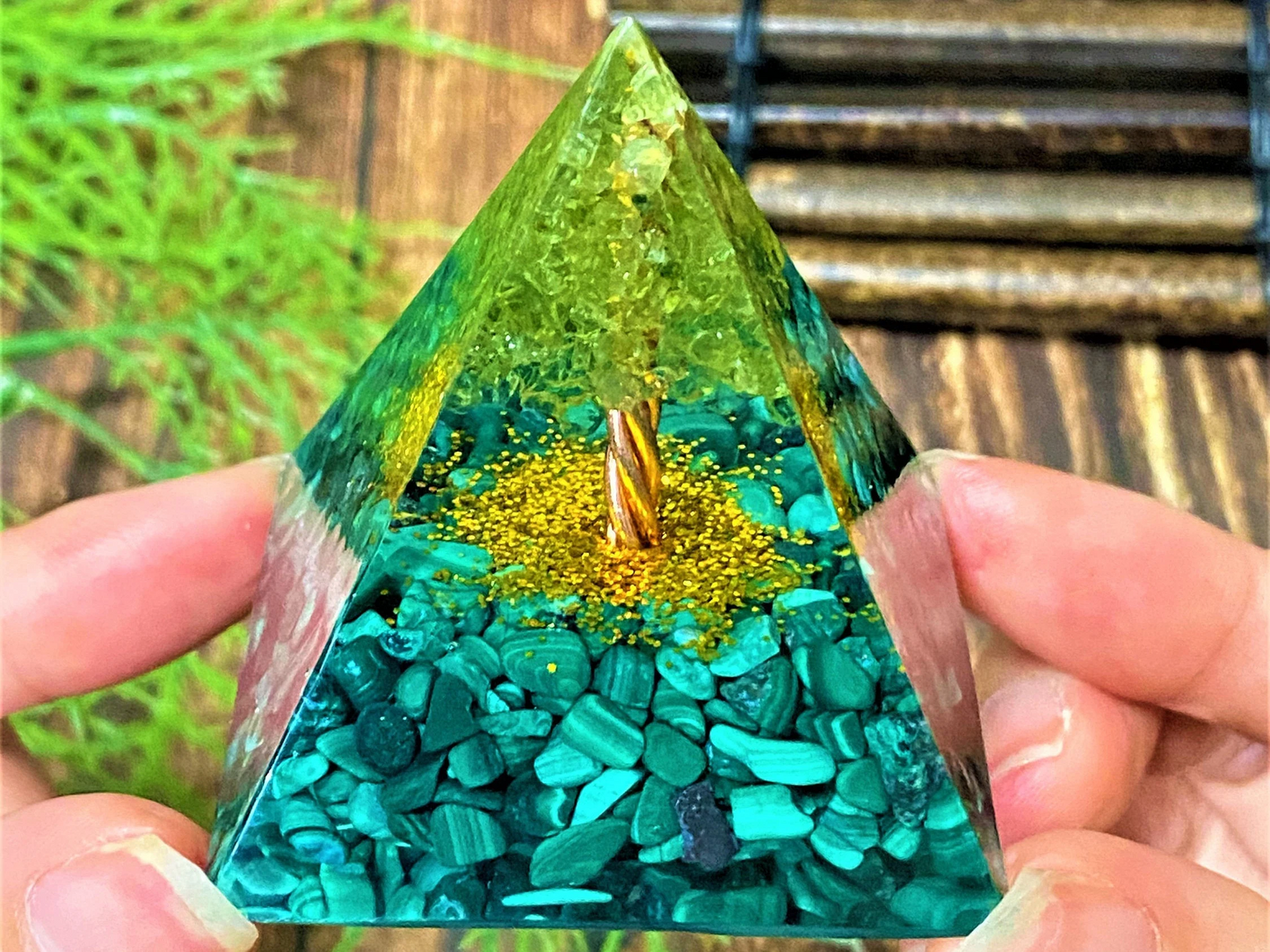 Malachite Orgone Pyramid- Tree of Life- Reiki Healing- Natural Crystal Meditation Stone- Energy Generator- EMF Protection- Home Decor