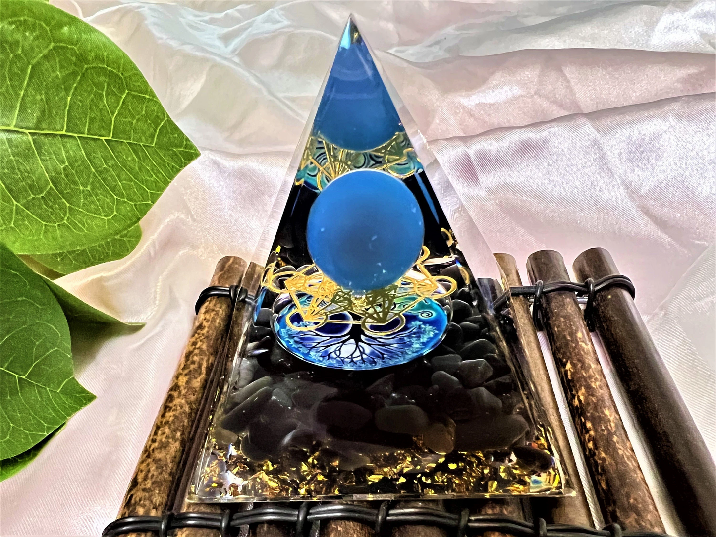 Orgone Pyramid With Blue Agate Ball, Chakra Meditating Rune- Reiki Healing Crystal- Meditation stone- Energy Generator- EMF Protection
