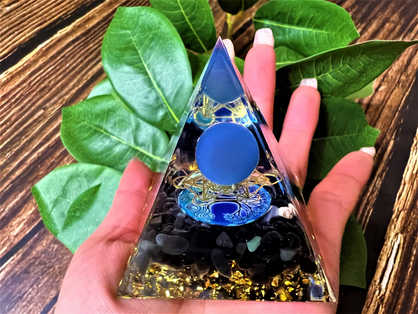 Orgone Pyramid With Blue Agate Ball, Chakra Meditating Rune- Reiki Healing Crystal- Meditation stone- Energy Generator- EMF Protection