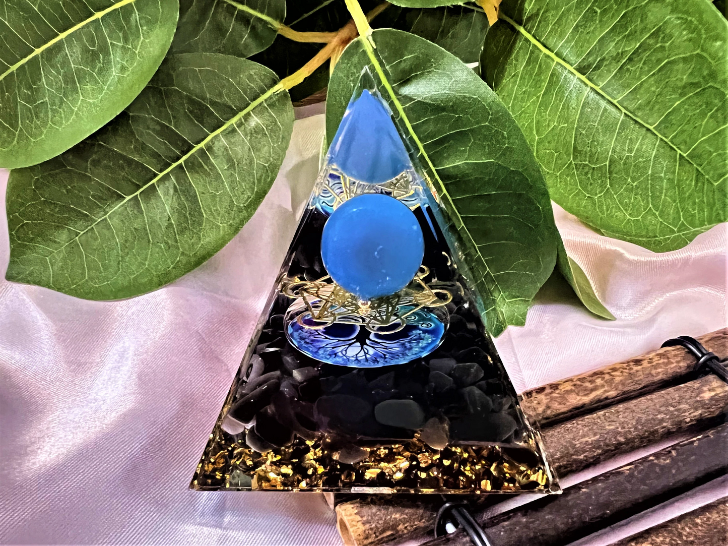 Orgone Pyramid With Blue Agate Ball, Chakra Meditating Rune- Reiki Healing Crystal- Meditation stone- Energy Generator- EMF Protection