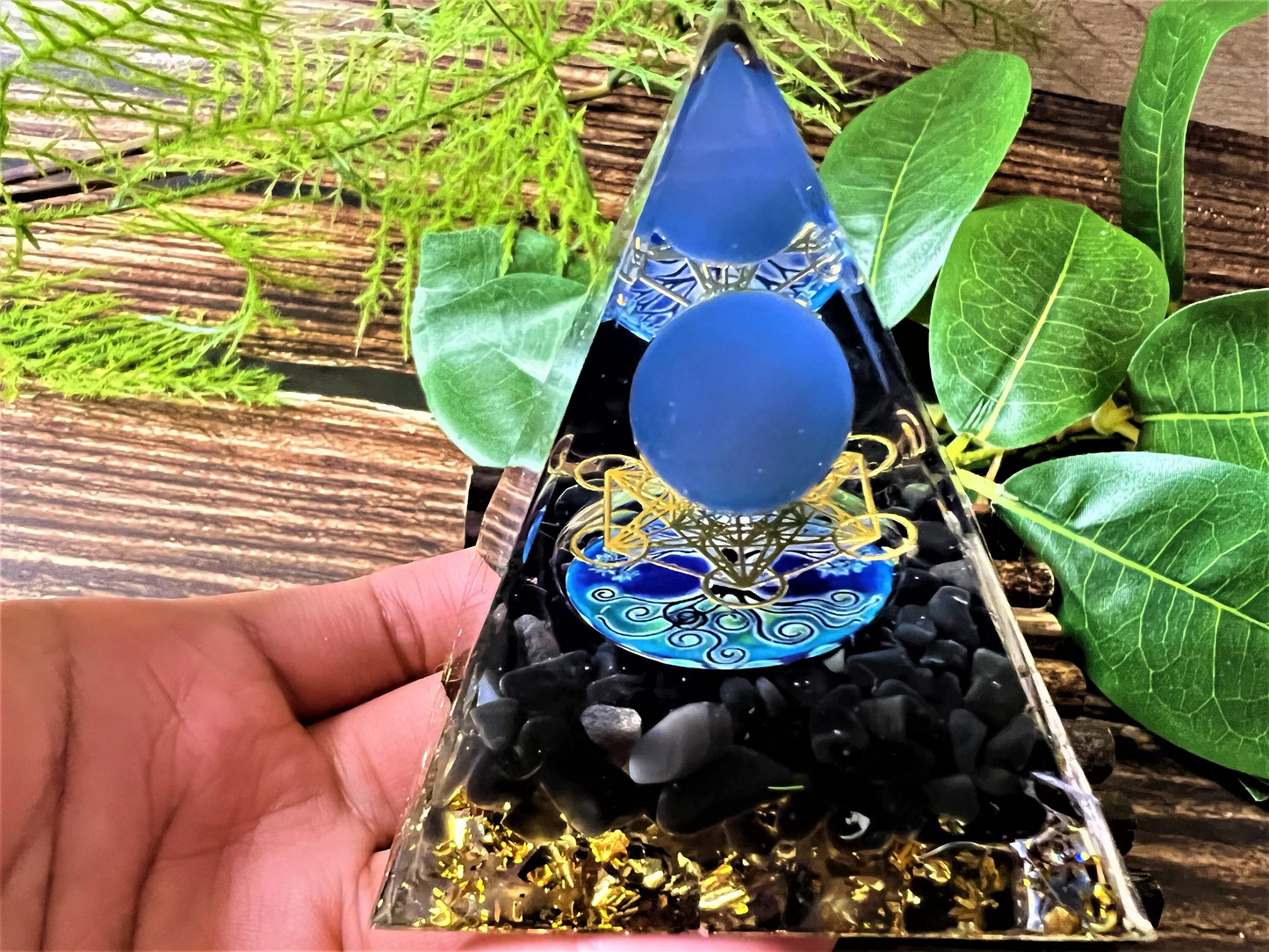 Orgone Pyramid With Blue Agate Ball, Chakra Meditating Rune- Reiki Healing Crystal- Meditation stone- Energy Generator- EMF Protection