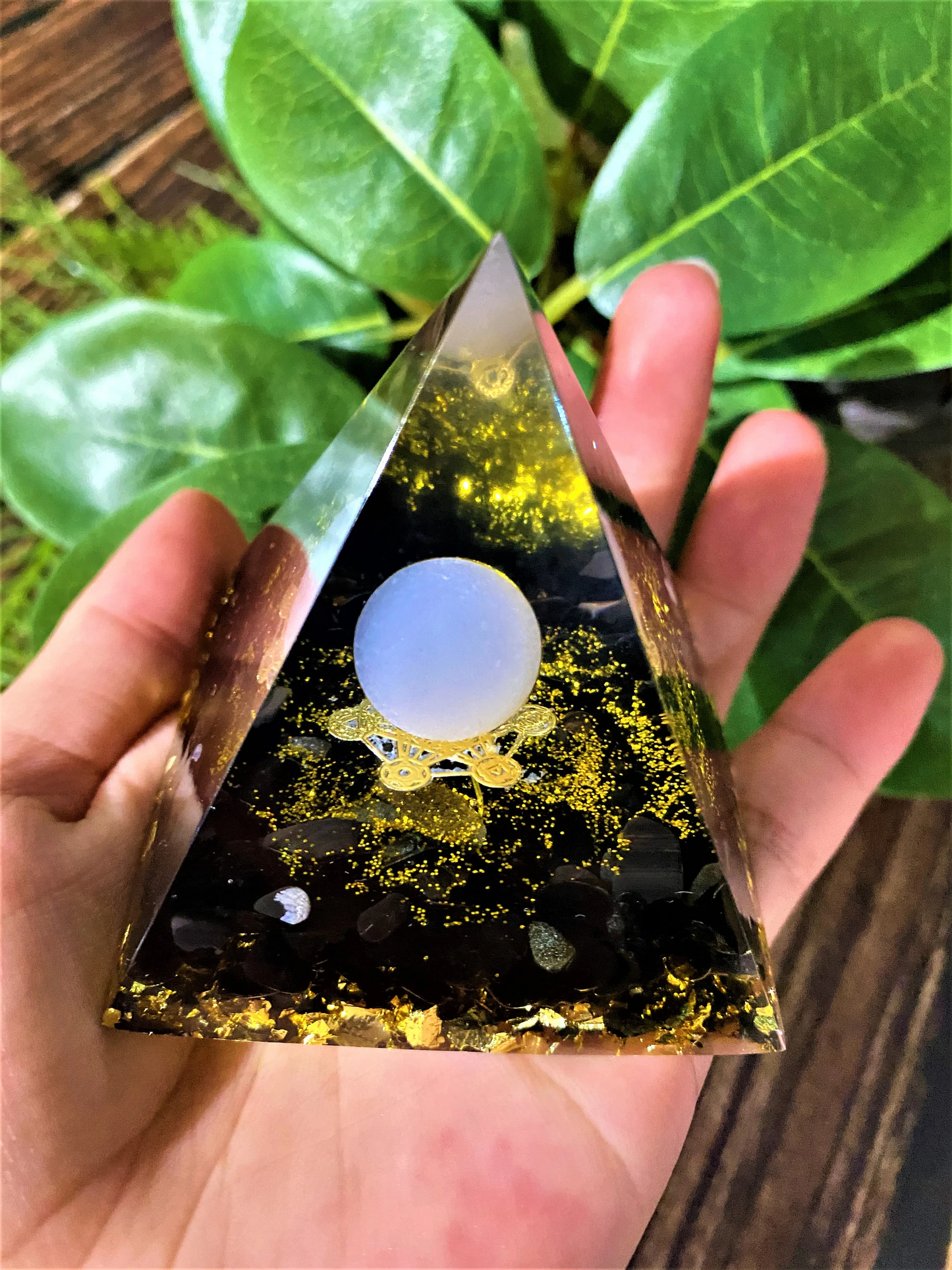 White Crystal Sphere Orgone Pyramid with Obsidian Quartz, Spirit Healing Orgone, Chakra Orgone Pyramid, EMF Protection, Energy Generator,