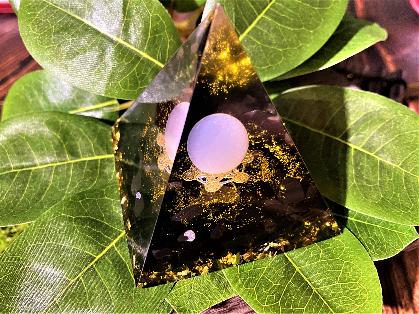 White Crystal Sphere Orgone Pyramid with Obsidian Quartz, Spirit Healing Orgone, Chakra Orgone Pyramid, EMF Protection, Energy Generator,