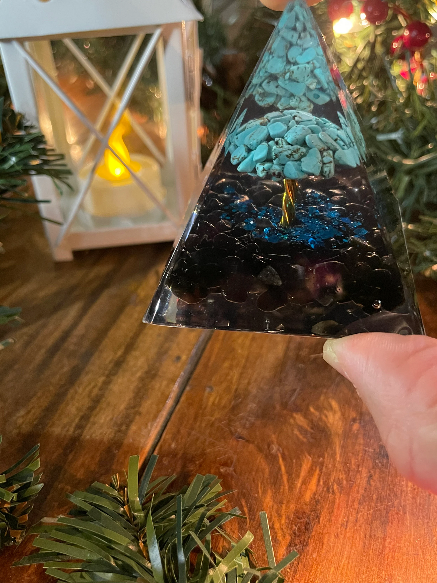 turquoise Tree of Life Pyramid-Obsidian Stone Positive Energy Chakra Reiki Meditation Crystal Orgone Pyramid EMF Protection Healing Pyramid